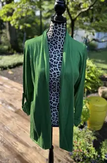 Susan Graver Large Green Open Cardigan Casual Office Roll Tab Sleeve NWOT READ