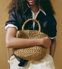 Mango Double-Handle Woven Paper Bucket Bag Brown Olive‎ Green Natural-Fibre