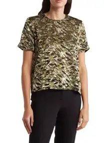 T Tahari Womens Burnout Boxy Camo Abstract Short Sleeve Top Olive Medium NWT