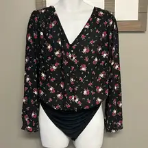 TORRID Black Floral Island Faux Button Pullover V-Neck Long Sleeve Bodysuit- 2X