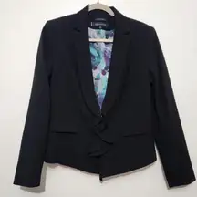 Anne Klein 10 Black Blazer Ruffle Lapel Zip Front Jacket Professional Office