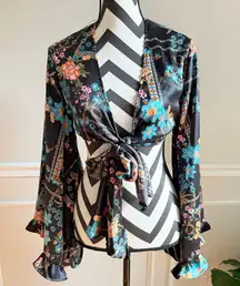 Black Bead Black Flower Pattern Shug Bolero Top Tie Front Bell Sleeves Size M