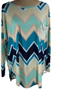 Auditions Chevron Tunic Crochet Pocket Long Sleeve Crewneck Teal Peach Cream M