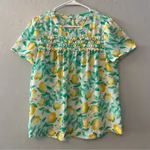 Elle lemon and green leaf print ruffle front blouse size medium