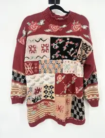 Vtg Oversize Heavy Grandma Sweater Floral M Cottagecore Retro Patchwork Granny