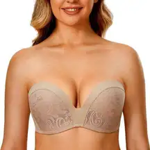 💙NEW Delmira Lace Strapless Push Up Plunge Bra in Beige size 36E (36DD)