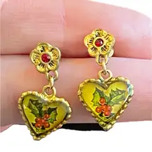 Ruby Vintage goldtone Christmas holly heart  flower stud dangle drop earrings