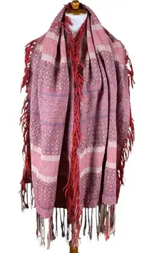 Boho Pink Red Fringed Woven Blanket Shawl Oversized Wrap Scarf Ethnic Print