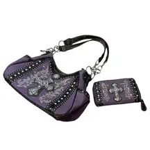 Rhinestone Cross Concealed Carry Purse Western Style Women Handbag Wallet Purple