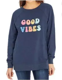 Wildfox "Good Vibes" Crewneck Sweatshirt Blue Multi Chenille Applique Size S