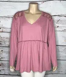 Torrid 3 Dusty Rose - Floral Crochet Lace Ruffle Waist Thermal Waffle Knit Top