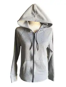 -WOMENS GRAY SWEATSHIRT-SIZE SMALL Zip front hooded sweatshirt, front hand pockets, excellent condition  Measurements: Bust: armpit to armpit 19 inches  Length: shoulder seam to bottom 24 inches