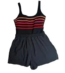 Vtg LL Bean Black Stripe Sporty Modest One Piece Swimsuit Attached Shorts Sz 16