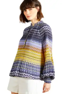 TED BAKER Deliie Geo Print Pleated Blouse Blue Yellow Tie Neck Size 0 (2/XS)