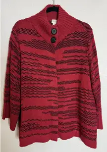Chicos 3 US XL Red Black Button Cardigan Knit Flare Sleeve Travel Career Preppy