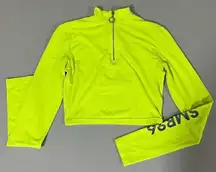 Neon Lime Green Mock Neck Quarter-Zip Long Sleeve Crop Top Tee T-Shirt Blouse Size XS 💚