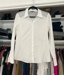 Lafayette 148 white long sleeve sheer beaded shoulder button down blouse 6 