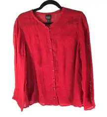 Eileen Fisher Linen Button-Down Blouse Thin Lightweight Red Petite Large