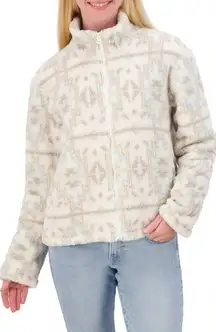 Lucky Brand Geo Print Faux Fur Zip Jacket - Size L - Cream Multi‎ - NWT