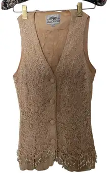 Vintage Boho Festival Vest Cream Lace Beaded Marabou Feather Trim Women’s S