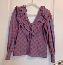 NWOT SUNDAYS pink and purple, blue checked long sleeved top with v neck