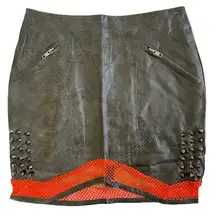 New  Spike Stud Mesh Hem Faux Leather Mini Skirt Orange Grey