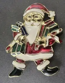 Vintage Holiday Gold Tone Enamel Santa Claus Christmas Brooch Pin Presents Gifts