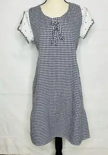 ZARA  Dress Size M Blue White Gingham Check Shift Short-Sleeve Tie Back