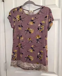 Size XS purple and gold floral flower lace trim back cutout shirt top blouse