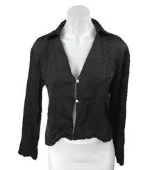 Zara Black Long Sleeve Striped Textured Collared Button Down Shirt Blouse Top M