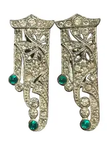 1930s Art Deco Rhinestone Dress Clips Pair w/ Emerald Glass Cabochons Shoe Clips