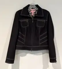 Bandolino Stretch Denim Jean Jacket Blazer‎ Women's 6 Black Zipper Front & Cuffs