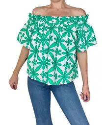 Skies Are Blue Green & White Embroidered Off-The-Shoulder Blouse