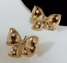 Gold Bow Stud Earrings Faux Pearl Crystal Embellished Coquette NWT