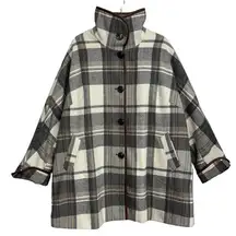 Woman Within Gray Black White Plaid Lined Button Up Winter Jacket Coat 18W