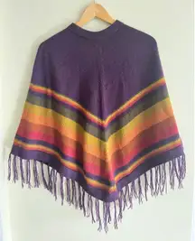 Alpaca Made in Peru Poncho Fringe Purple Stripe Thick Warm Handmade