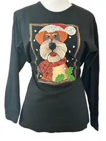 VTG  rare hand painted dog wearing a Santa hat bling and sequins festive top S