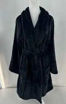 Victorias Secret Robe Sz M/L Fluffy Logo VS Black Short Cozy Soft Plush Bath NWT