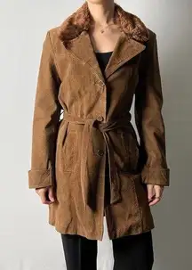 vintage camel brown suede leather faux fur collared button trench coat jacket