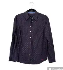 TALBOTS Polka Dot Navy Blue Button Down Shirt Roll Up Sleeves Size 8 Petites