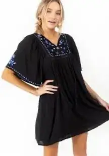 Blue Rain Short Sleeve Black Floral Peasant Dress shift dress size XXS