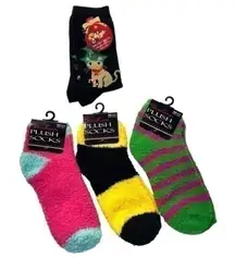 Fuzzy Holiday Socks Bundle of 4 Pairs | Cat & Striped Cozy Set NWT