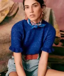 Sezane Royal Blue Ruffle short Sleeve Sweater