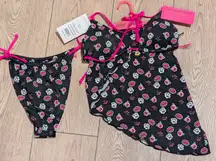 Betsey Johnson Black Hot Pink Floral Rose Lips Bikini Ooh La 3 Pc Set Sarong NEW