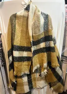 Oversized Plaid Blanket Scarf Wrap Shawl Fringe Yellow Black Cream