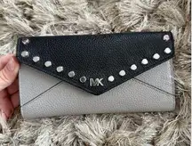 Michael Kors Black and Grey Leather Envelope Trifold Wallet with Silver Studs