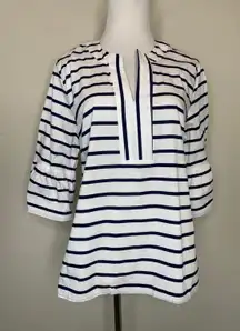 Mudpie White Navy Blue Striped Blouse Sz Medium 100% Cotton