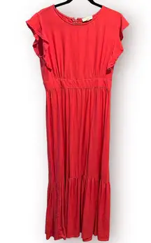 Linen Viscose Blend Maxi Tiered Ruffle Dress M Boho Red Orange