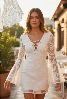 Y2K WHITE LACE FAIRY BEBE LACE UP MINI DRESS XS MADE IN USA