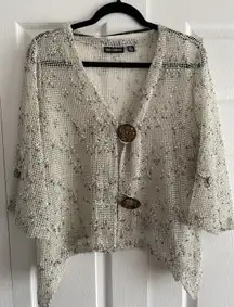 Nina Leonard Womens Lagenlook Cardigan Open Weave Coconut Shell Buttons XL Boho